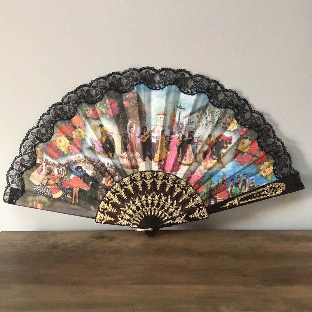Spanish Folding Hand Fan, Black Lace Trim